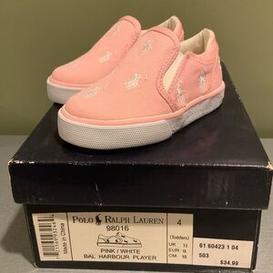 Polo by Ralph Lauren Pink Canvas Slip-On Sneakers with White Logos size 4